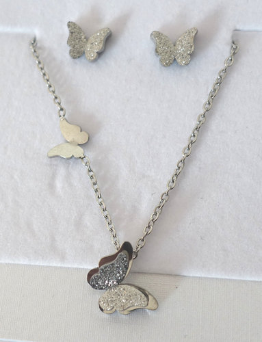 Set butterfly silver chain earrings 01