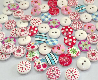 Buttons 15mm wood 10 pcs colorful round flowers dots pink