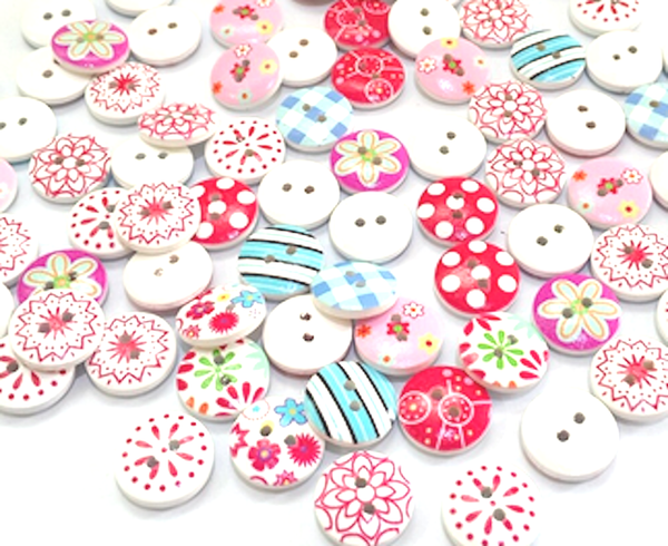 Buttons 15mm wood 10 pcs colorful round flowers dots pink