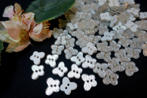 Buttons 13mm acrylic glitter silver clear butterfly