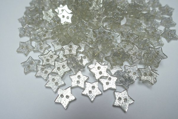 Buttons 14mm acrylic 10 x stars glitter silver glitter