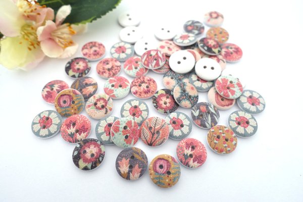 Buttons 15mm wood 10 pieces colorful round flowers 2
