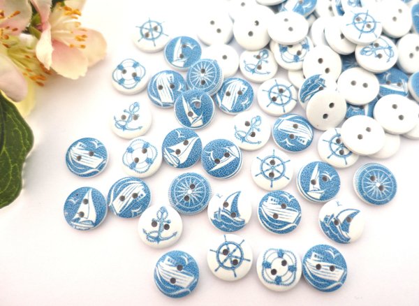Buttons 15mm wood 10 pieces blue white round maritime