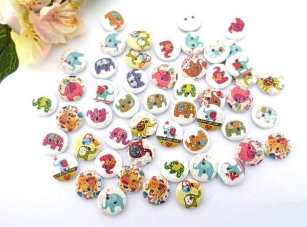 Buttons 15mm wood 10 pieces white colorful round elephant 01