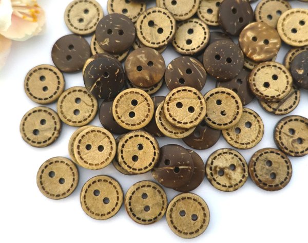 Buttons 15mm coconut wood 10 pieces brown round seam