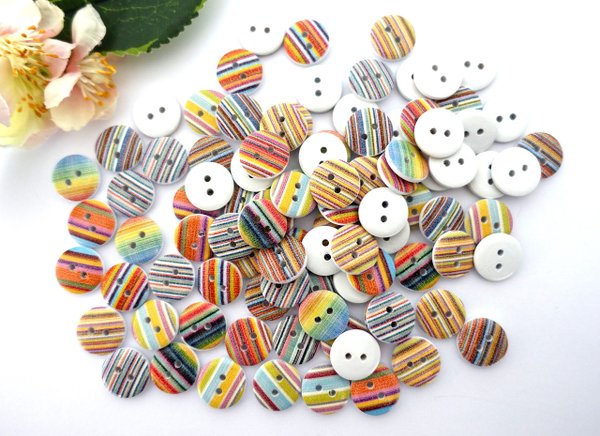 Buttons 15mm wood 10 pieces colorful round strip