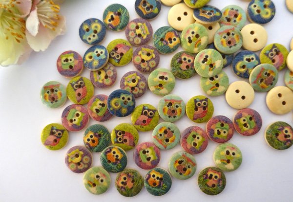 Buttons 15mm wood 10 pieces colorful round owl 1