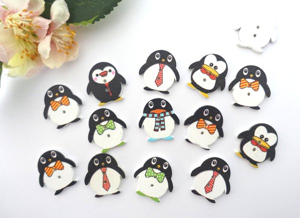 Buttons 24x23mm wood 5 pieces colorful penguin