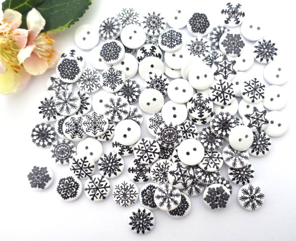 buttons 15mm wood 10 pcs snowflakes white black
