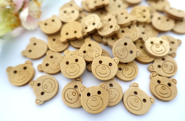 Buttons 17mm wood 10 pieces brown bear teddy bear head