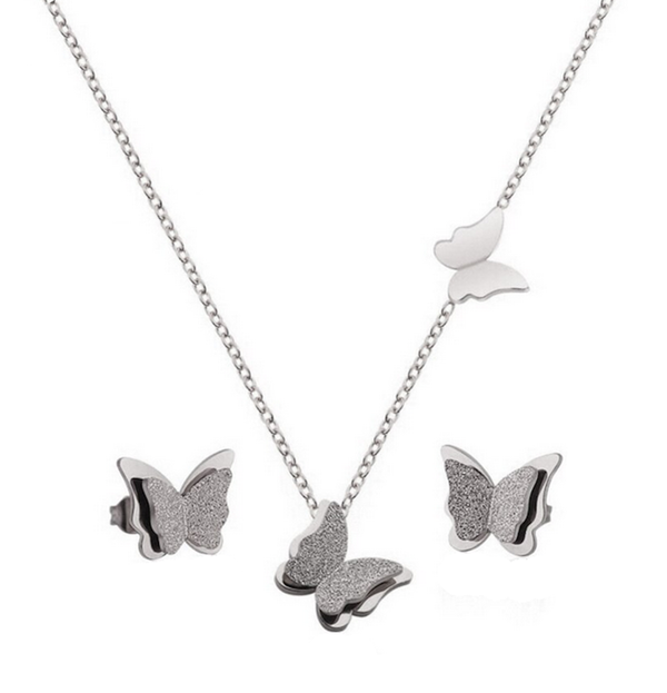 Set butterfly silver chain earrings 01
