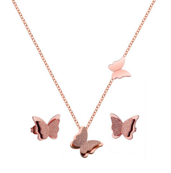Set butterfly rose gold chain earrings 01