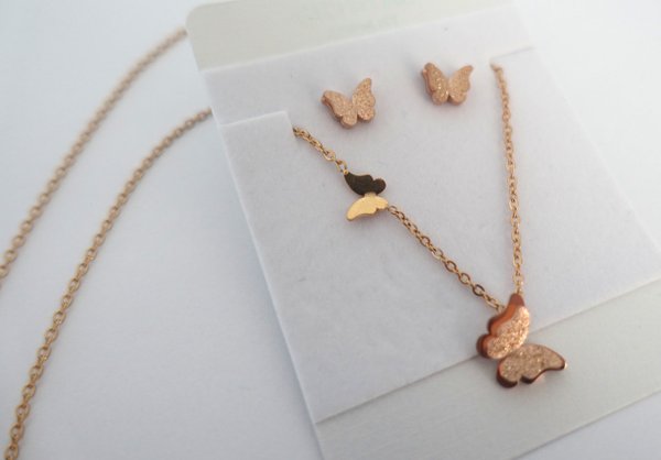Set butterfly rose gold chain earrings 01