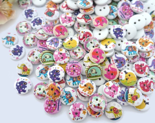 Buttons 15mm wood 10 pieces white colorful round elephant 02