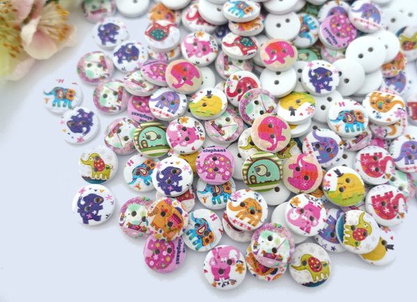 Buttons 15mm wood 10 pieces white colorful round elephant 02