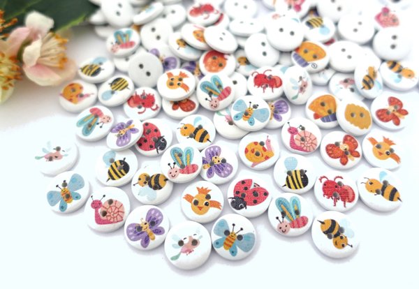 Buttons 15mm wood 10 pieces butterfly bee dragonfly round