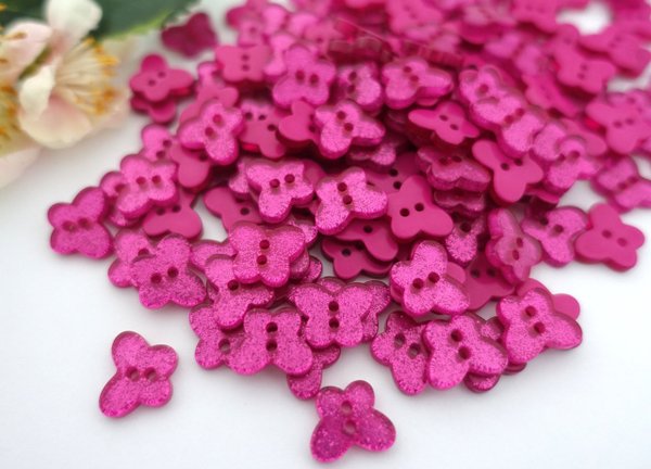 Buttons 13mm acrylic glitter fuchsia pink butterfly