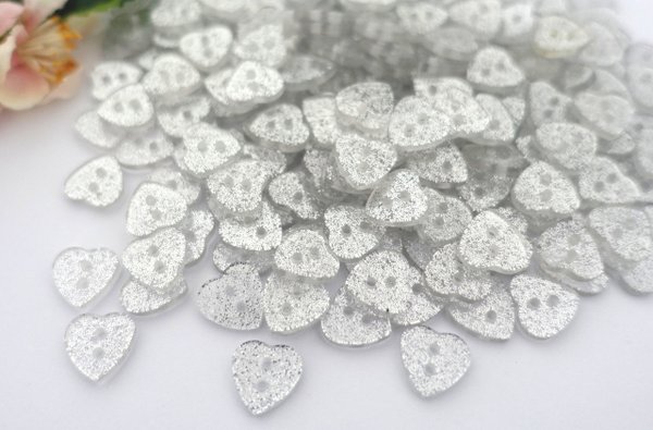Buttons 12x13mm acrylic 10 x heart glitter silver glitter