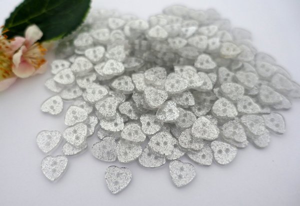 Buttons 12x13mm acrylic 10 x heart glitter silver glitter