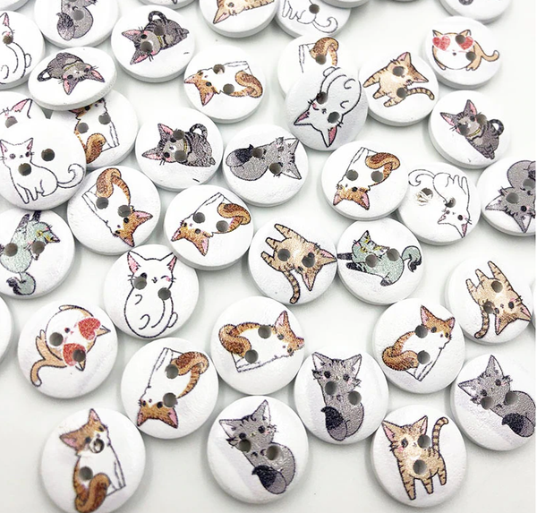 Buttons 15mm wood 10 pieces white colorful round cat 02