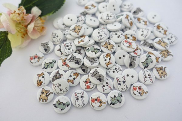 Buttons 15mm wood 10 pieces white colorful round cat 02