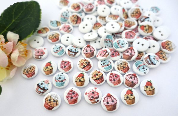 button 15mm wood 10 pieces white colorful round cupcake muffin 01