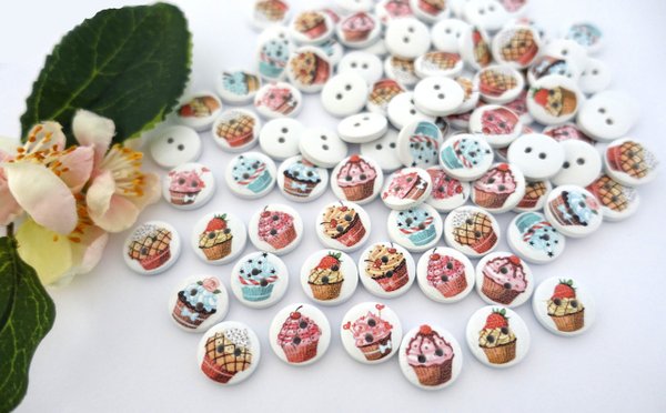 button 15mm wood 10 pieces white colorful round cupcake muffin 01