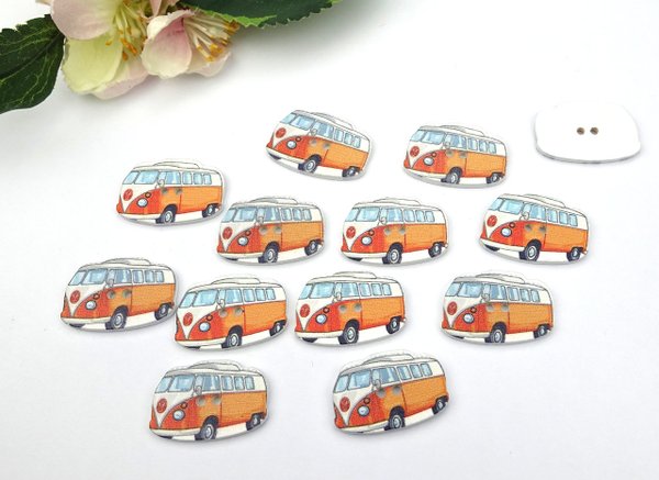 Buttons 27x18mm wood 5 pieces colorful bus boys VW