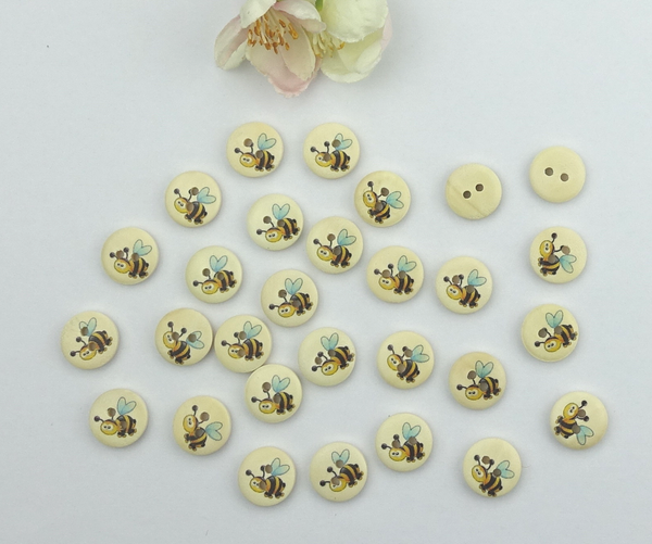 Buttons 15mm wood 10 pieces bee 2 round